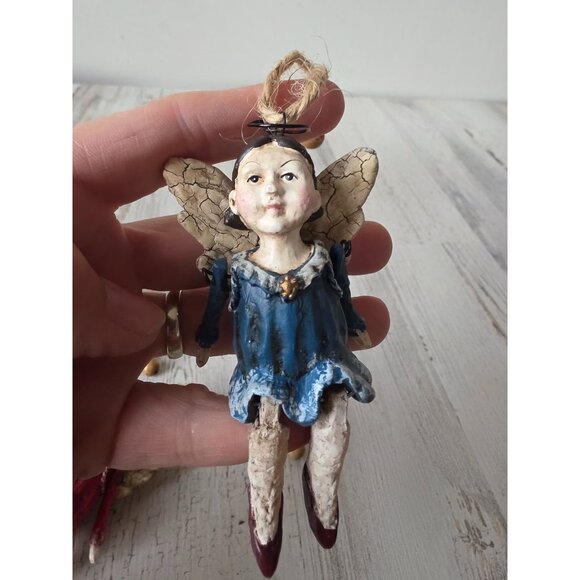 Jointed Angel cherub ornament vintage rustic crackle set are - Picture 8 of 10